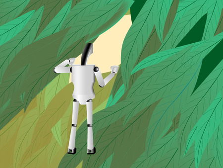 robot moves apart leaves and looking through the leaves into the future, illustrationの写真素材