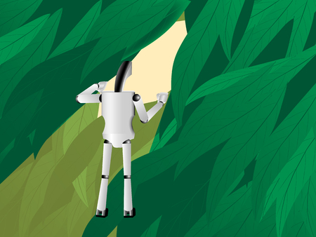 robot moves apart leaves and looking through the leaves into the future, illustrationの写真素材