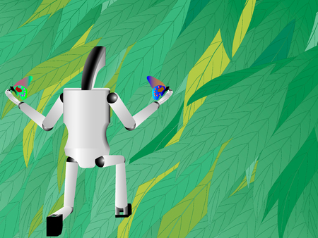 robot hand holds butterfly, robot on a background of nature, technology and nature together, robot stands on one knee and launches butterfliesの写真素材