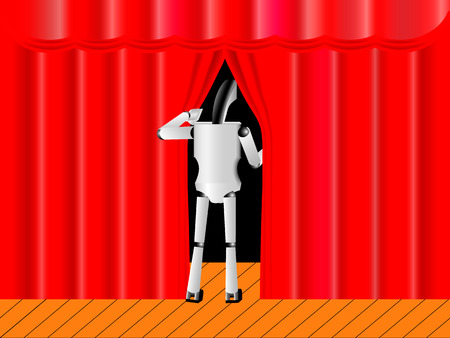 presentation of the robot, the robot takes the stage, the robot looks through the curtainの写真素材