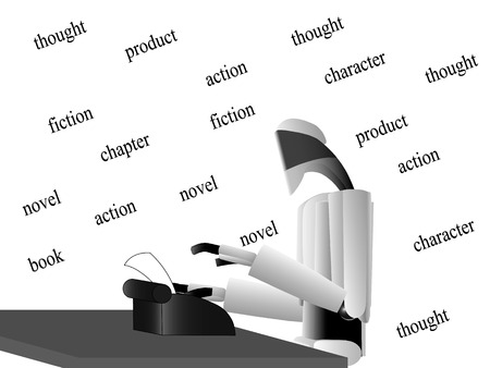 the robot works on a typewriter, Robot writer writes a work of the table, robot works hard to achieve recognitionのイラスト素材