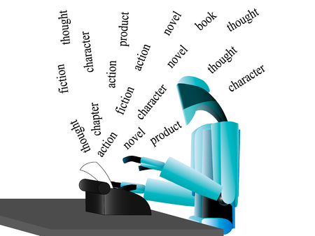 the robot works on a typewriter, Robot writer writes a work of the table, robot works hard to achieve recognitionのイラスト素材