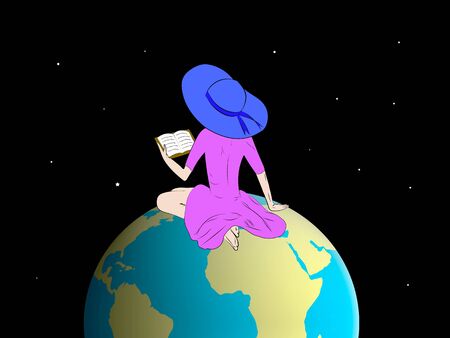 girl sitting on planet Earth and reading a bookの写真素材