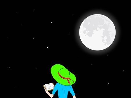 girl reading a book in the moonlightの写真素材