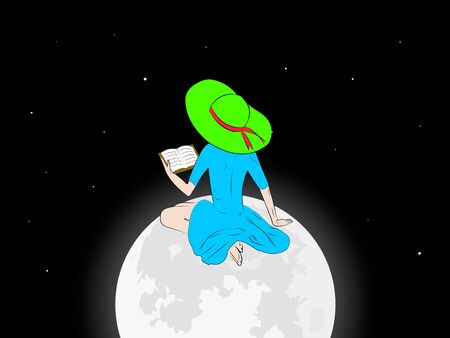 girl reading a book on the moonの写真素材