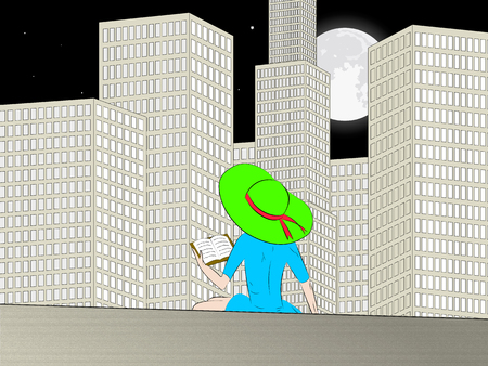 girl reading a book on a background of the city at nightの写真素材