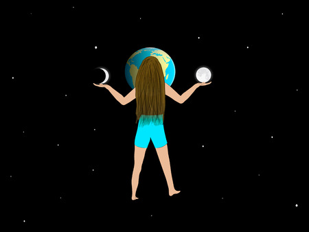 girl stands in front of the planet Earth and holds the moon and moon monthの写真素材
