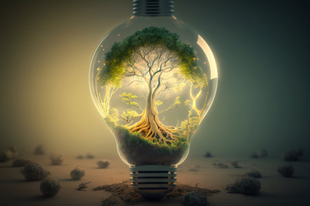 Ecology concept with tree inside of light bulb. 3D renderingの素材