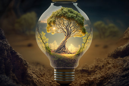 Conceptual image with tree growing inside of light bulb. 3D renderingの素材