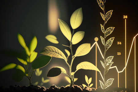 Growing plant in soil with graph on dark background. Growth concept. 3D renderingの素材