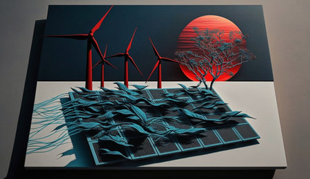 Renewable energy concept. Solar panels and wind turbines. 3D renderingの素材