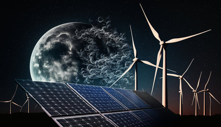 Solar energy panels and wind turbines in the night sky 3d renderingの素材