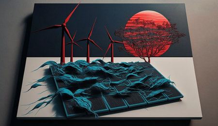 Renewable energy concept with wind turbines and solar panels. 3D renderingの素材