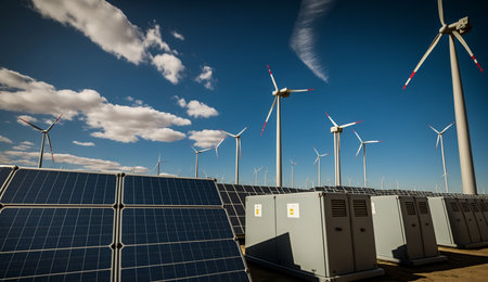 Solar panels and wind turbines in a solar power station, Zaragoza Province, Aragon, Spain.の素材