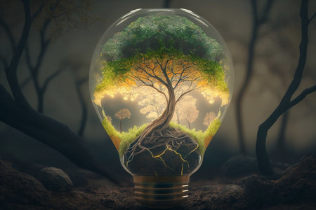 Ecology concept. Tree growing inside a light bulb. 3D renderingの素材