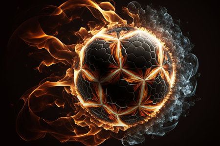 3d illustration of football ball with fire and smoke on black backgroundの素材