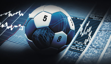 3D rendering of a soccer ball with the number 5 in front of a financial chartの素材