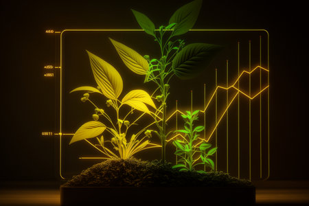 3d render of green plant with growth graph on dark background.の素材