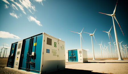 Windmills for electric power production, Zaragoza Province, Aragon, Spain.の素材