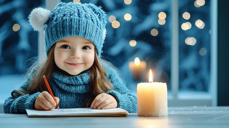 Child writing letter is excited for holiday season and Santa visitの素材