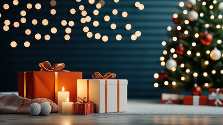 Glowing Christmas tree and gifts brings joy to holiday seasonの素材