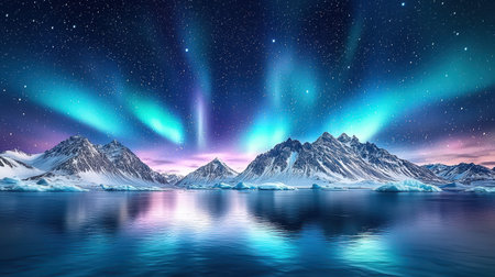 Pastel arctic landscape gives peaceful, ethereal glow under aurora borealisの素材