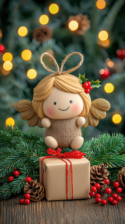 Charming Christmas angel radiates joy on present, festive spirit aboundsの素材