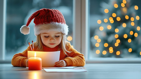 Child writes letter beside candlelight, she looks so hopeful and innocentの素材