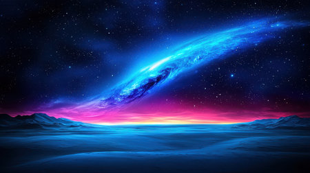 Cosmic landscape evokes sense of awe with glowing nebulas over horizonの素材