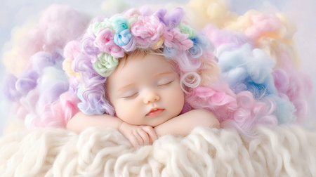 Newborn sleeps peacefully with soft pastel curl and floral hatの素材