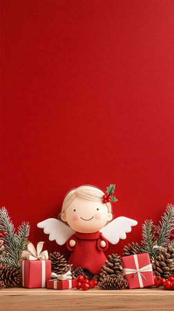 Festive angel doll surrounded by gift and pinecone feels joyfulの素材