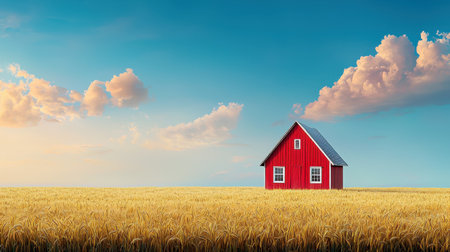 Red barn in golden field evokes peaceful serenityの素材