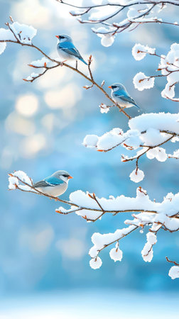 Branches covered in snow, little sparrows perched on them, seems enjoy winterの素材