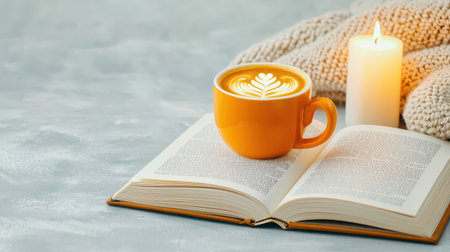 Cozy cup of coffee and open book with candlelight is inviting relaxationの素材