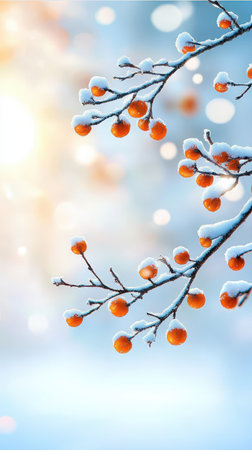 Berry covered branches feel calm under snow winter sceneの素材