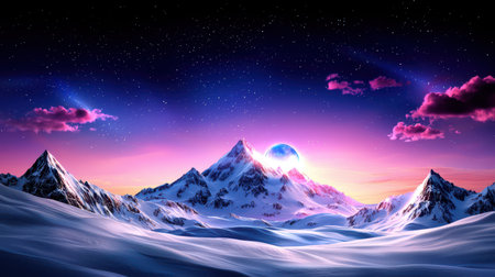 Snowy mountain glows with pastel colors under starry sky, so peacefulの素材