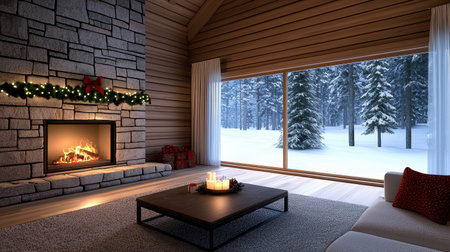 Cabin interior feels cozy and peaceful with Christmas spirit in atmosphereの素材