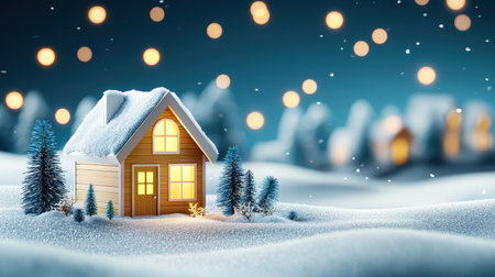 Snowy miniature village house gives festive and cozy feelingの素材
