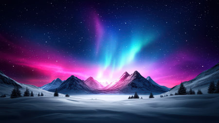 Magical landscape with radiant aurora glowing with pastel colorの素材