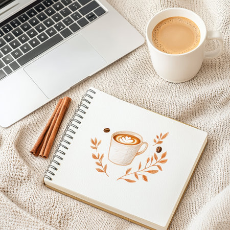 Morning scene with coffee and notebook creates cozy, comforting vibeの素材
