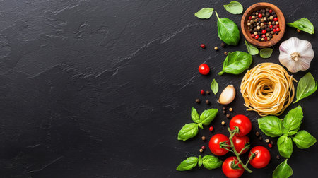 Fresh pasta and herbs lay ready on dark background, inviting youの素材