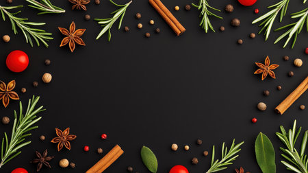 Herbs and spices form delectable border with savory delightの素材