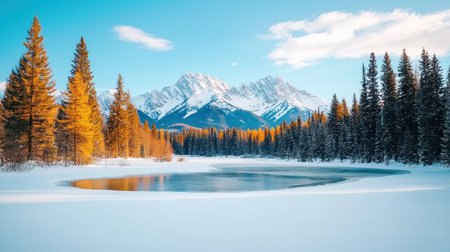 Frozen river leads to snowy mountains, serene winter sceneの素材