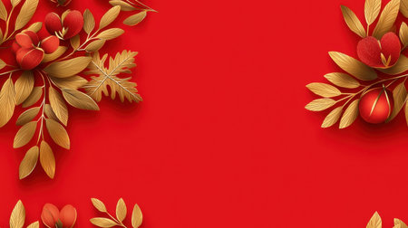 Festive red background with golden floral leaves creating joyful moodの素材