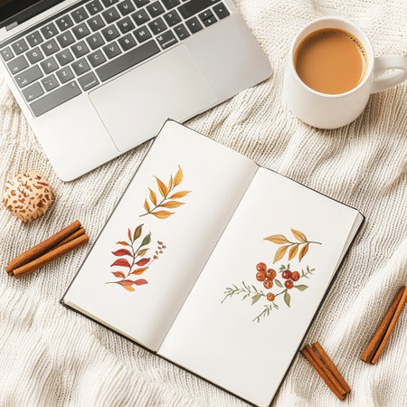 Cozy morning scene with coffee, laptop, cinnamon, feeling warm and creativeの素材