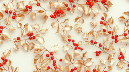 Elegant gold holly with red berries feels festive and joyfulの素材