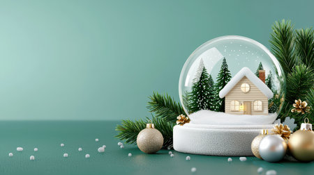 Cozy Christmas house in snow globe, nostalgic and festive atmosphereの素材
