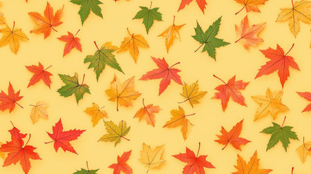 Maple leaves create happy, colorful, and vibrant pattern on yellow backgroundの素材