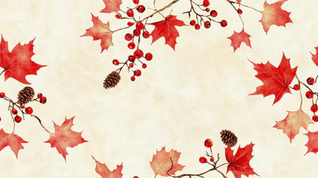 Red maple leaf berry branch presents delicate, fall themed patternの素材