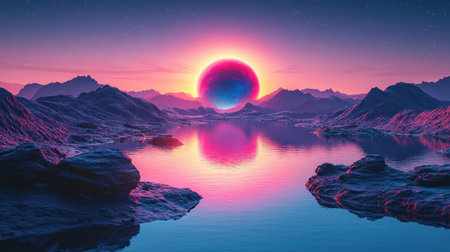 Glowing sphere on planet reflects in water, radiating otherworldly beautyの素材